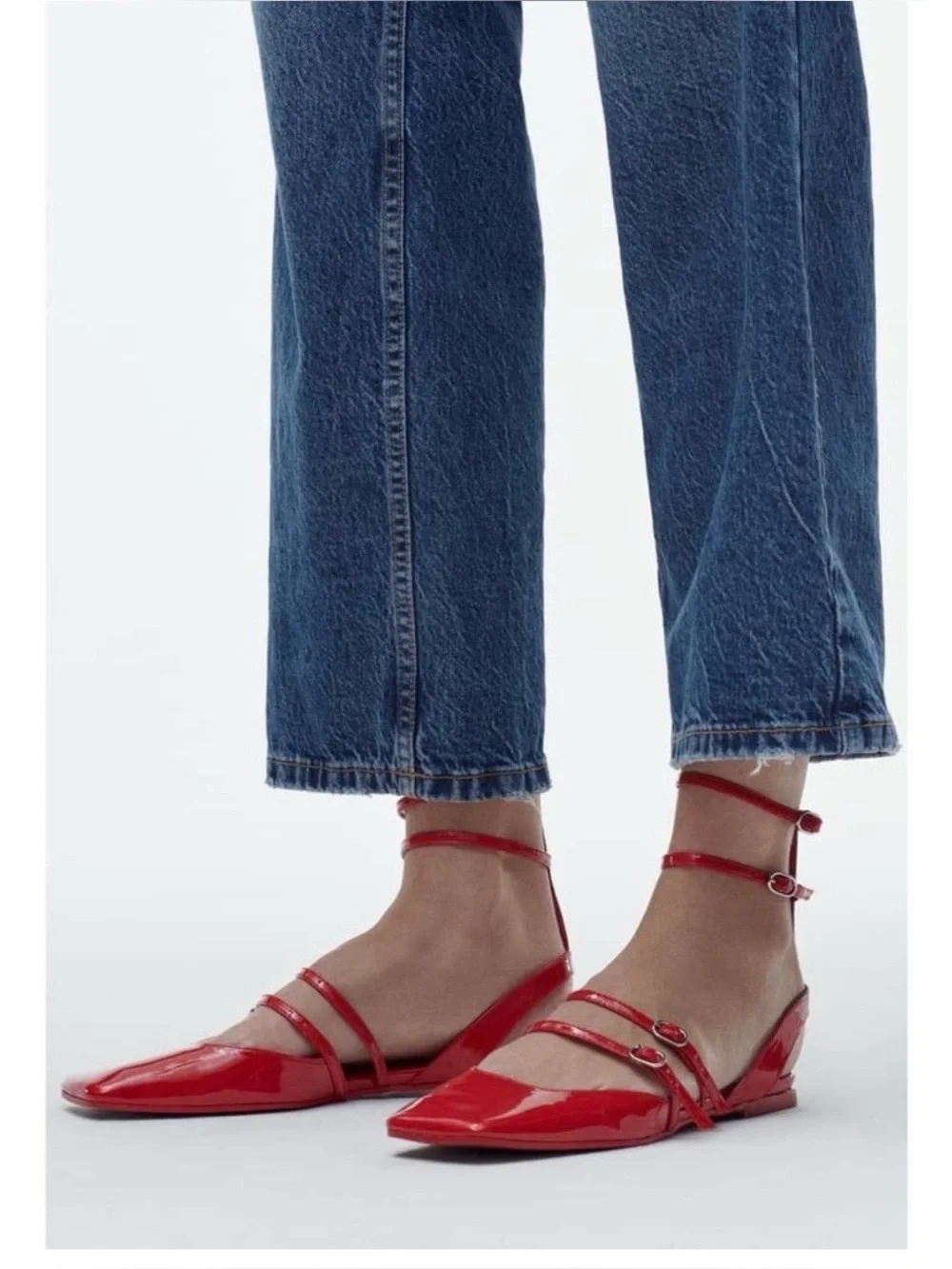 Zara Red Patent square-Strap Ankle Tie Flats
